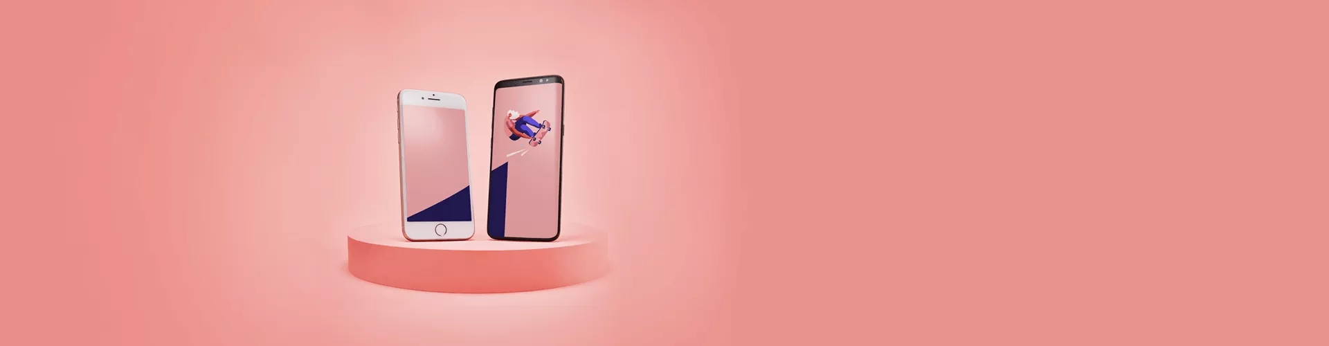 Two phones on a platform with a pink background and a cartoon guy skating from the image of one phone to another